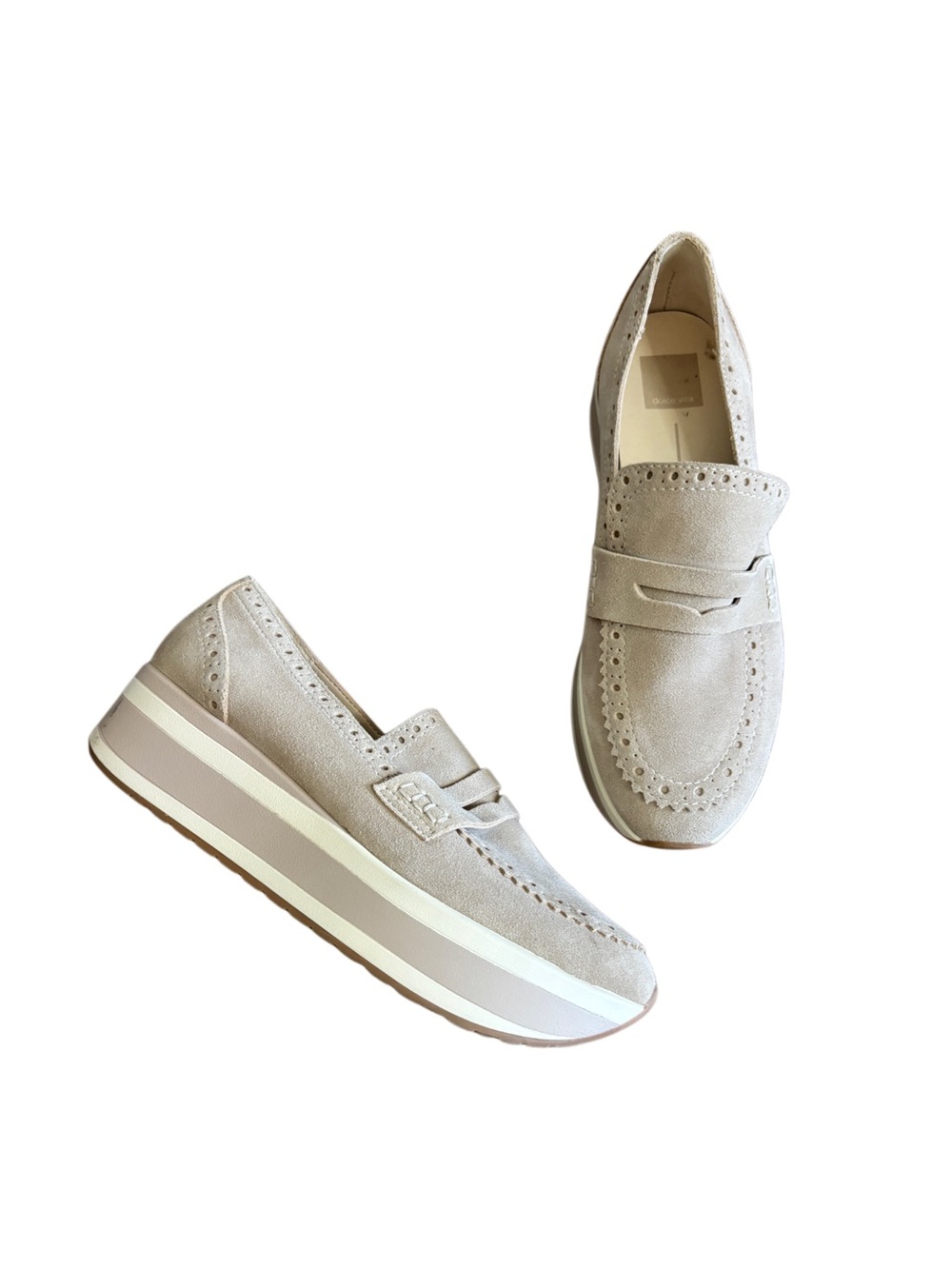 Dolce Vita Neutral Suede Platform Penny Loafers with Brogue Whipstitch Detail